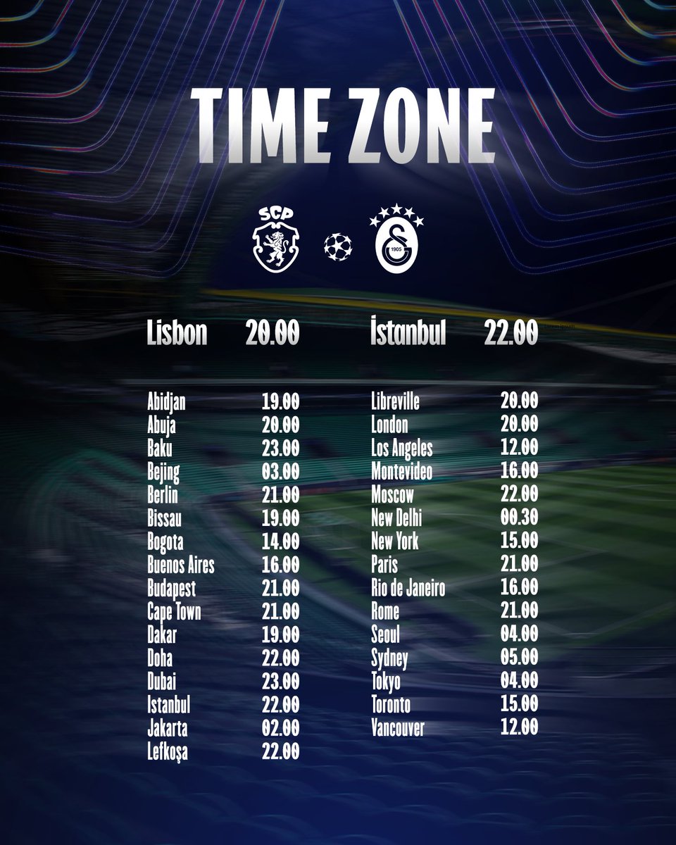 GalatasaraySK's tweet photo. ⏱️ Dünyanın farklı noktalarındaki taraftarlarımızın bugün oynayacağımız Sporting CP maçını izleyebileceği saatler. 👇 

#SCPvGS #UCL https://t.co/gC0BfVJ6x6