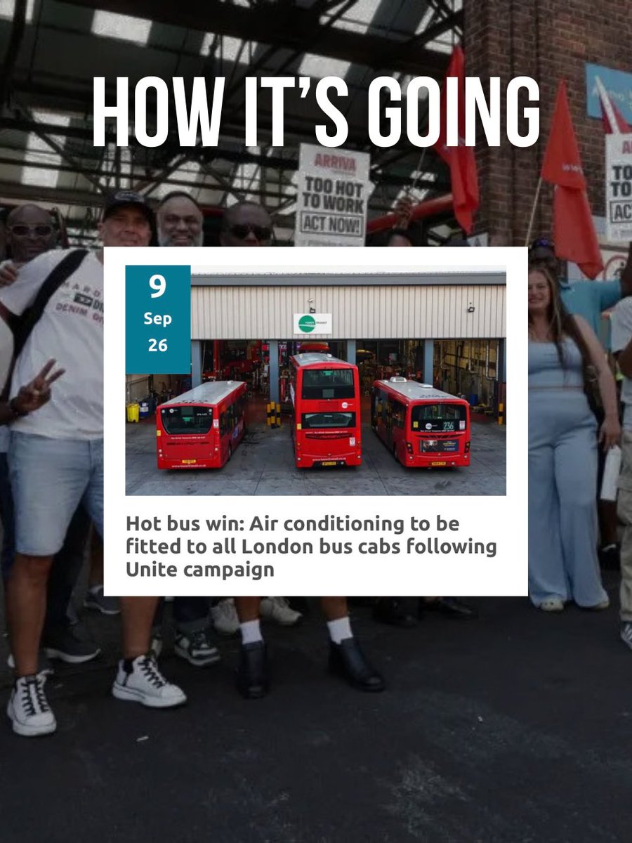unitetheunion's tweet photo. After months of campaigning by @unitelondonandeastern, all London bus driver cabs will be fitted with air conditioning by May 2027✊

This summer, temperatures inside some bus cabs soared up to 50°C as most London buses currently rely on cheap and ineffective cooling systems that can lower temperatures by just 2–3°C during a heatwave, leaving drivers suffering from heatstroke, dehydration and fatigue. 

Our members said enough was enough and we took action. Now, @Transport for London and London’s bus operators have committed to:
 ❄️ Air conditioning in all drivers’ cabs by May 2027 ☀️ UV protective film to reduce the risk of skin cancer

This is a major win for bus drivers and proof that when workers organise and fight, they can win real improvements to working conditions. 💪
Now progress has been made with TfL, Unite will be keeping up the pressure to make sure these changes are delivered and that drivers don’t have to suffer through another summer.

Unite general secretary Sharon Graham said: “This concession from @TfL is an important win in Unite’s campaign to improve conditions for bus drivers in London and beyond. Unite will continue to fight for all bus workers to be kept safe and to be treated with dignity and respect.”

When workers stand together, we can win. ✊

#tfl #transportforlondon #busdriver #busdrivers #londonlife