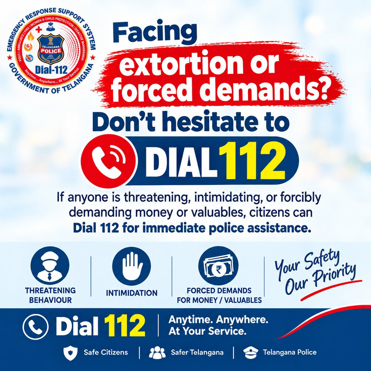 112Telangana's tweet photo. One call. One response. We are here when you need us.
Anytime... Anywhere... At Your Service Dial112

#TGERSS #DIAL112 #tgiccc #telangana #police #ERSS #dial112 #emergencyresponse https://t.co/ILPlzMG7pb