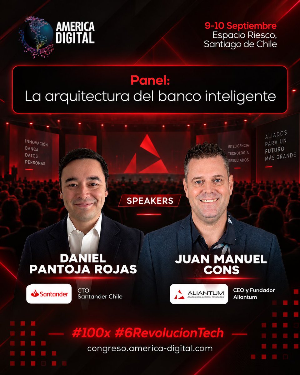 aliantumsa's tweet photo. El 9 y 10 de septiembre voy a estar en #AmericaDigital 2026, en Santiago 🇨🇱, participando del panel “La arquitectura del banco inteligente” junto a Daniel Pantoja, CTO de Santander Chile.

IA, datos, automatización, core y arquitectura bancaria.

#Aliantum #Fintech #BancaDigital https://t.co/JCNU2XQFYQ