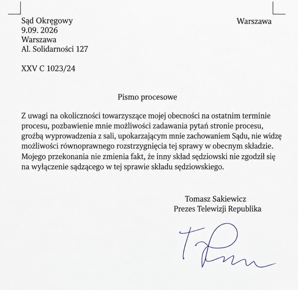 TomaszSakiewicz's tweet photo. 🛑Skandaliczna decyzja sądu! 

Sąd Okręgowy w Warszawie oddalił powództwo @RepublikaTV w sprawie nie wpuszczania naszych dziennikarzy na konferencje prasowe organizowane przez KPRM. Okazuje się, że w państwie Tuska nie wszyscy mają prawo dostępu do informacji.

W poście również pismo uzasadniające moją nieobecność na dzisiejszej rozprawie. Obie strony powinny być równo traktowane!