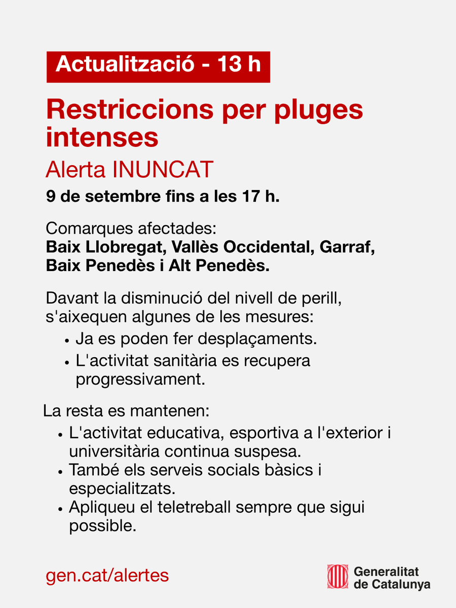 gencat's tweet photo. 🟠 L'alerta INUNCAT continua activada, però davant la disminució del perill, s'aixequen algunes limitacions a les comarques afectades.

Ja es poden fer desplaçaments i es reprèn progressivament l'activitat sanitària. La resta de mesures es mantenen.

https://t.co/pjDShHF435 https://t.co/RJtqtXXb8v