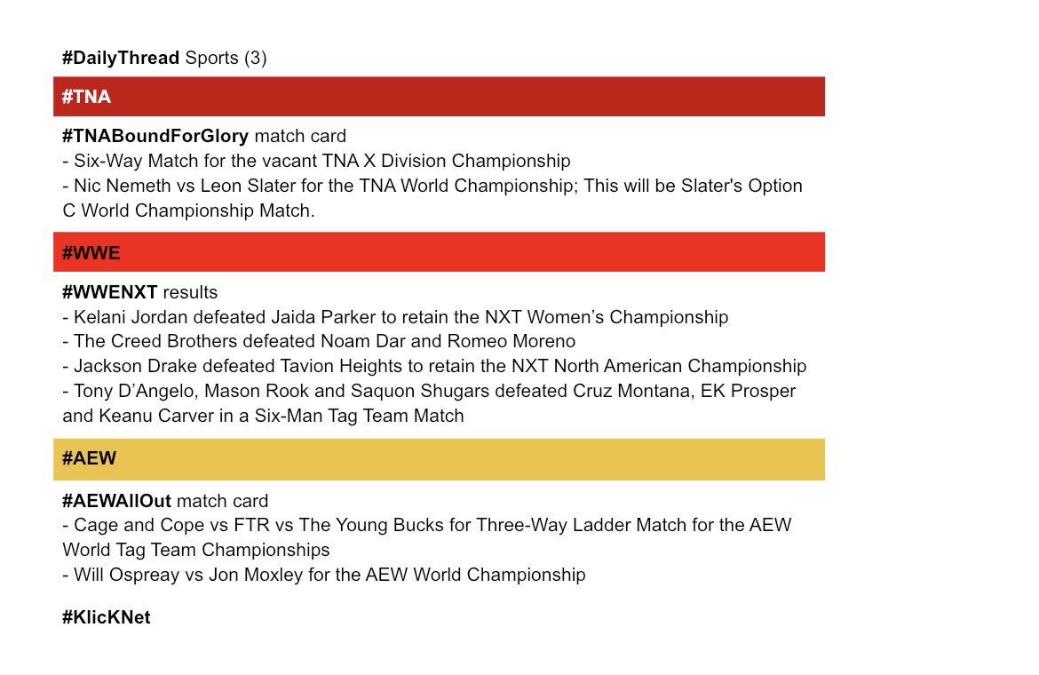 _KlicKNet's tweet photo. #DailyThread🧵 Sports
#NFL #WeekOne #MLB #WWENXT
#AEWAllOut #TNABoundForGlory
9/9/2026 #KlicKNet https://t.co/sJteZWhzPq