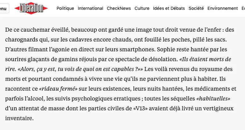 sarah_pelent's tweet photo. @pierremarieseve Même Libe en avait parlé à l'époque : 
"Sophie reste hantée par les sourires glaçants de gamins réjouis par ce spectacle de désolation. «Ils étaient morts de rire. «Alors, ça y est, tu vois de quoi on est capables ?»»" https://t.co/GRHWjeWedf