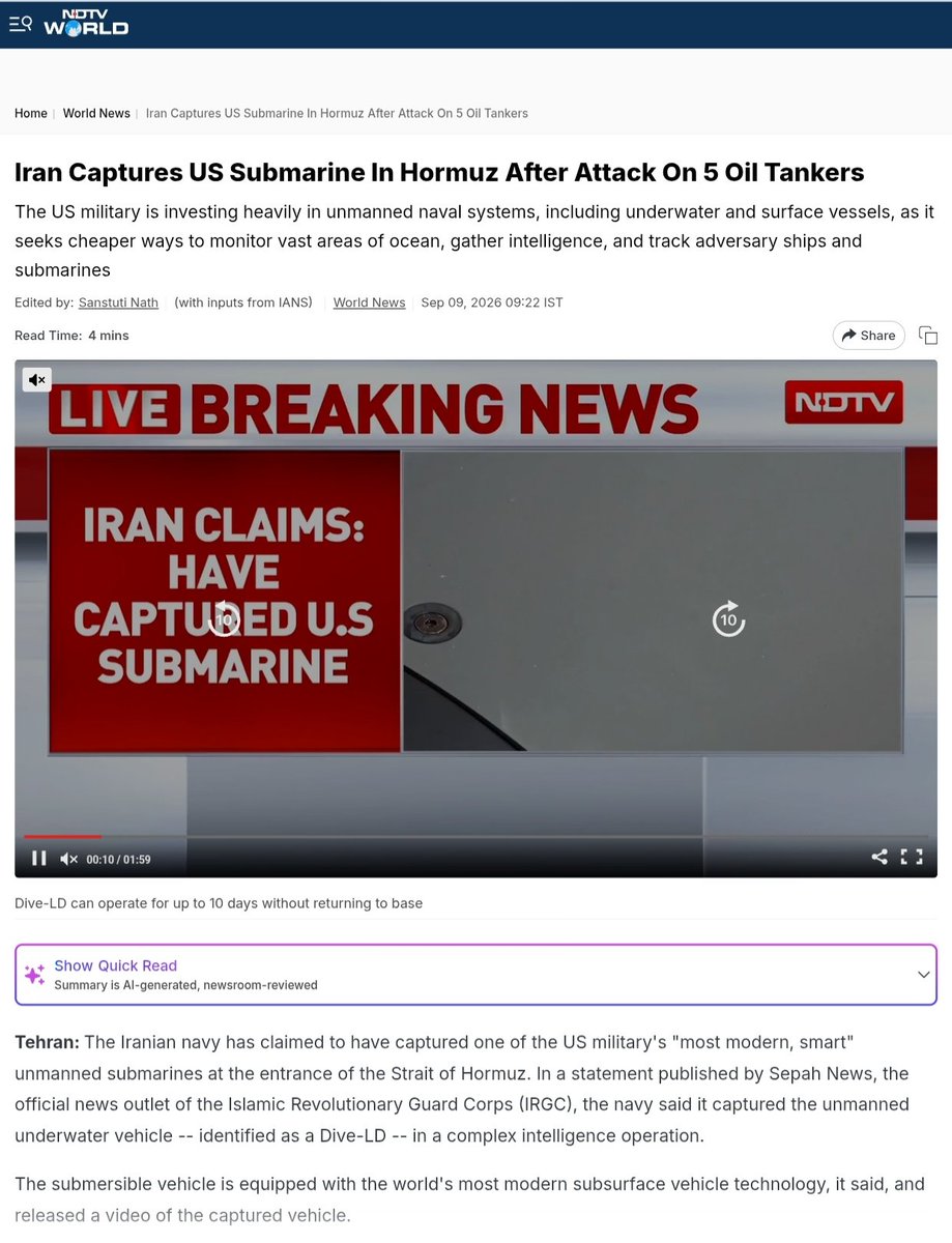 mishrayash17's tweet photo. Trump suffered major setback in Iran War. US robotic submarine that cleared 100+ mines.Iran tracked down &amp; captured submarine.Iran can't do this alone without #China &amp; #Russia help.
#Iran #IRGC #StraitOfHormuz #DiveLD #USNavy #UnderwaterDrone #Trump #IranWar #BreakingNews https://t.co/CrZCoIIwXs