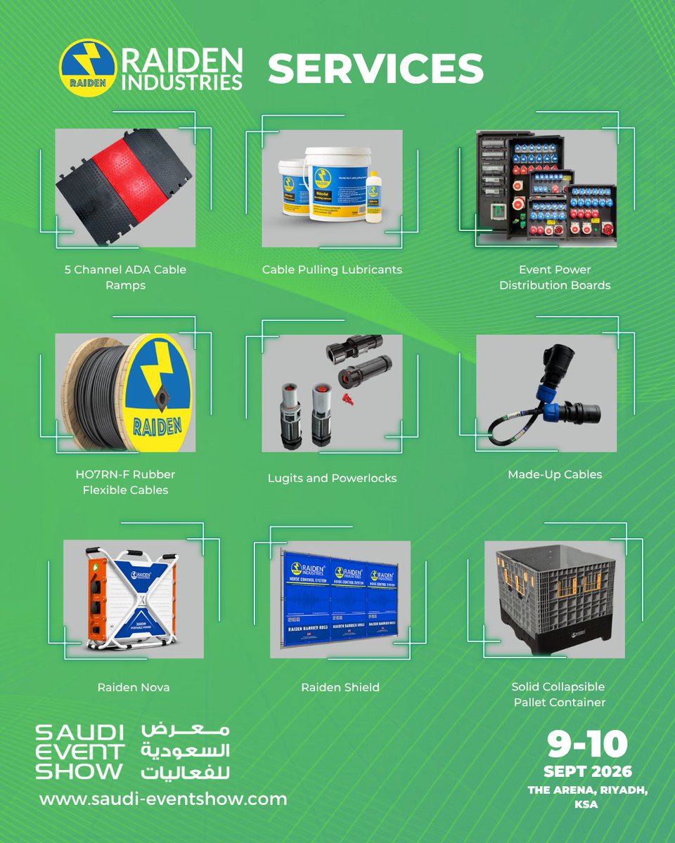 SaudiEventShow's tweet photo. Elevate your event execution w/ high-performance technical production, stage design &amp; structural solutions from Raiden Industries at SES2026! 

Stop by their stand at A01 to meet the technical experts

🗓️9-10 Sept2026
📍The Arena, Riyadh, KSA
🔗Register - https://t.co/DixzoGyLyd https://t.co/RYUl07MOH8