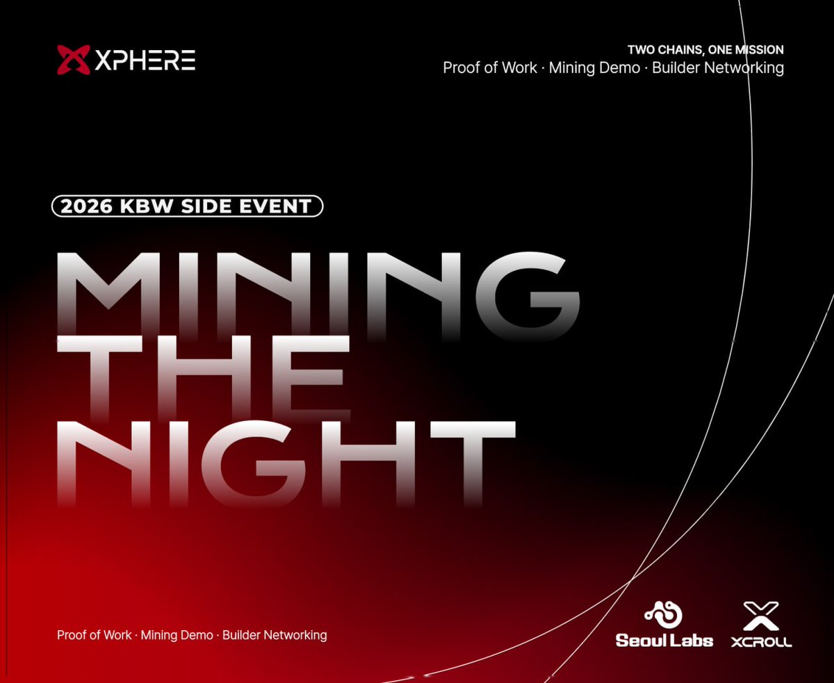 Xphere_official's tweet photo. ⛏️ MINING THE NIGHT: XPHERE KBW 2026 Side Event

XPHERE is hosting an official side event during KBW 2026, registration is now live.

🍻 Drinks, networking, and something you don’t see at every side event.
A real XP1 miner, running live right in the room.

🗓 Sep 30 · 6:00–10:00 PM KST
📍 Maison Bard 5F, 512, Gangnam-daero, Gangnam-gu, Seoul
🎟 Limited capacity · Host approval required

⛏️ What to expect
- Live XP1 home miner & ASIC hardware
- Proof of Work in 2026 keynote
- XPHERE dual-chain architecture
- Open Q&A with our engineers
- Web3 networking

Not a render. Not a demo. A real mining rig — hashing, heat, fan noise and all.

Seats are limited, so register early.
🎟 Register on Luma

🤝 Interested in sponsoring the event?
Please contact the host through Luma for sponsorship inquiries.