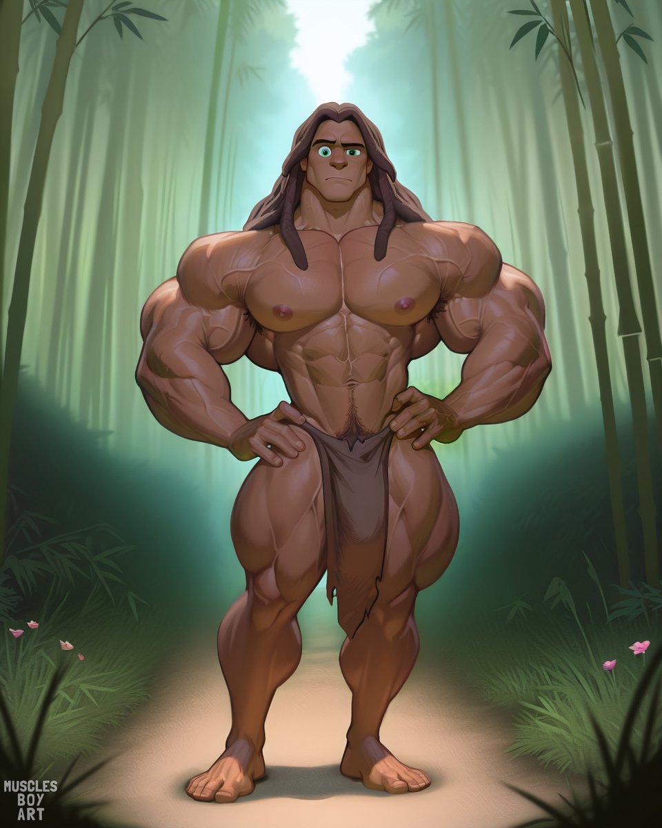 musclesboyart's tweet photo. Deep in the jungle where the wild winds blow,
A legend was born in the shadows below.
With statuesque muscles and iron-willed grace,
He ruled the great wild, the king of this place.

From orphan of lords to the master of beasts,
He conquered the perils and braved all the griefs.
An elegant strength in a world fierce and grand,
The noblest protector of untamed green land.

Now swinging through vines with a spirit so free,
#Tarzan remains a true marvel to see.
But tell me, who dares challenge power so deep,
Where secrets of nature and destiny sleep?

Full set on P.

#Bara #MuscleArt #AIArt #Furry #BL