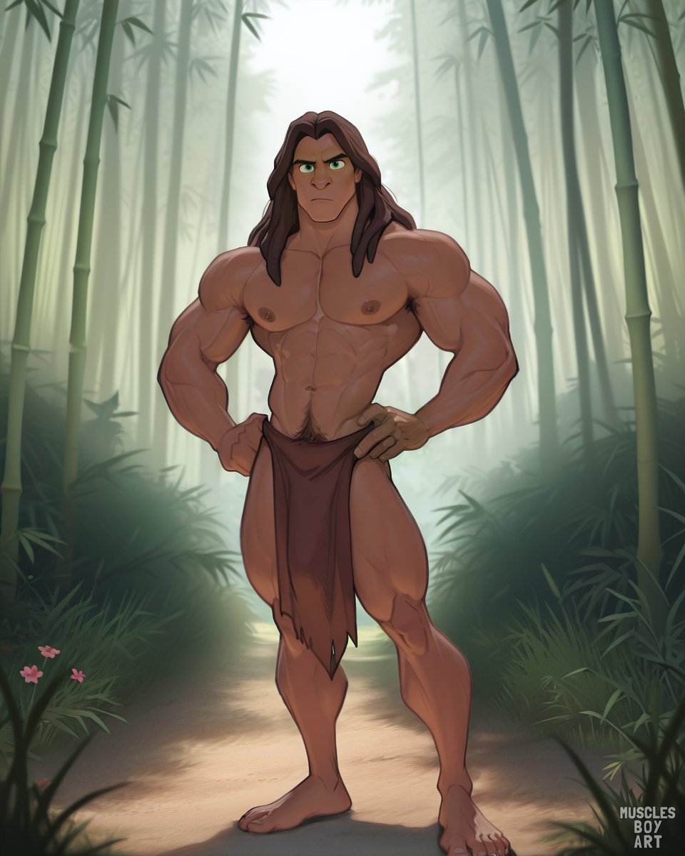 musclesboyart's tweet photo. Deep in the jungle where the wild winds blow,
A legend was born in the shadows below.
With statuesque muscles and iron-willed grace,
He ruled the great wild, the king of this place.

From orphan of lords to the master of beasts,
He conquered the perils and braved all the griefs.
An elegant strength in a world fierce and grand,
The noblest protector of untamed green land.

Now swinging through vines with a spirit so free,
#Tarzan remains a true marvel to see.
But tell me, who dares challenge power so deep,
Where secrets of nature and destiny sleep?

Full set on P.

#Bara #MuscleArt #AIArt #Furry #BL