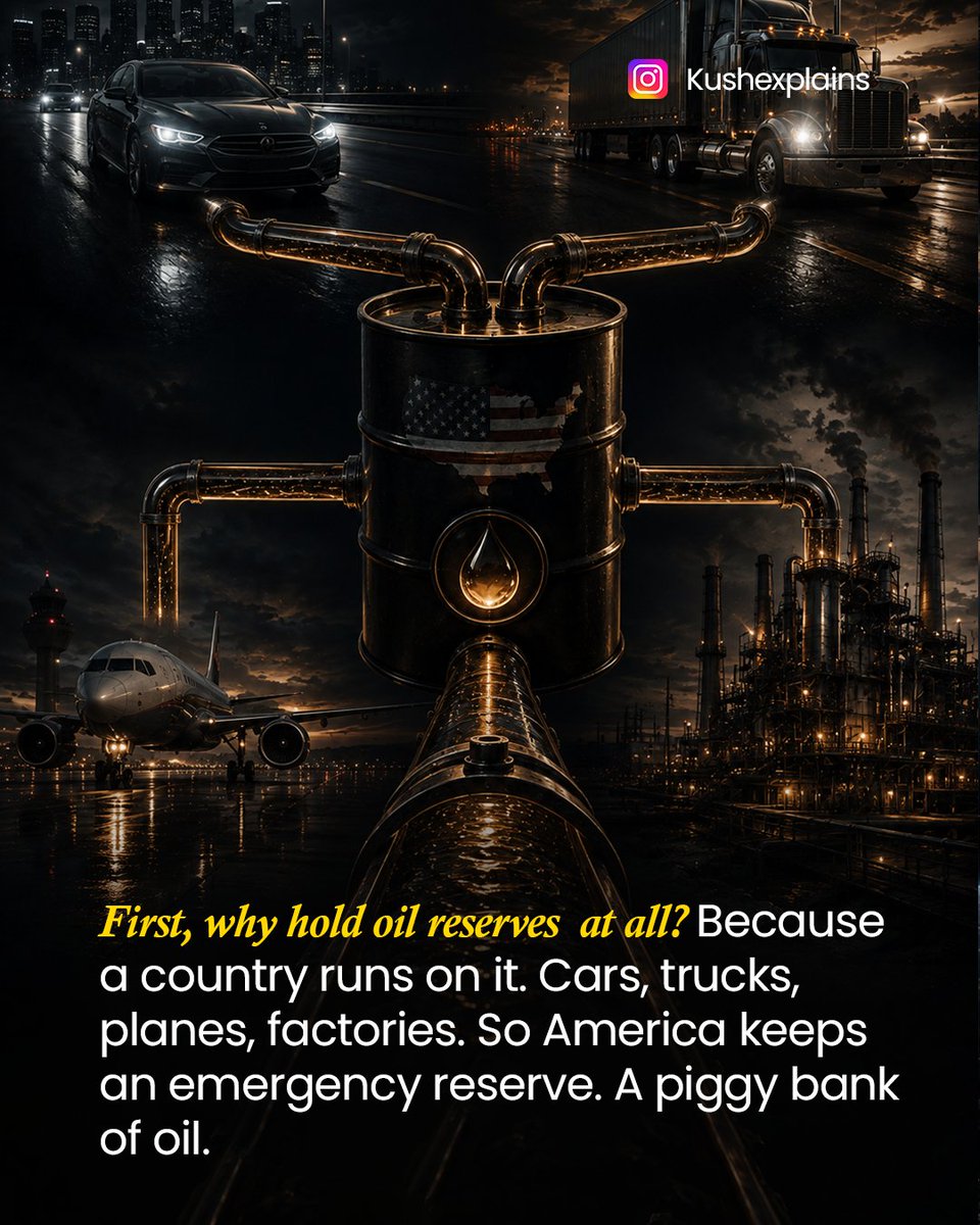 Kushexplains's tweet photo. You would be shocked to know where America hides its emergency oil. 🛢️
Not in giant tanks. Not in guarded warehouses. But deep underground, inside caves carved out of solid salt near the Gulf Coast.
Here's how it works: America pumped water into massive salt domes, dissolved the salt, and hollowed out enormous caves. Then it filled them with crude oil. Salt is the cheapest giant container physics allows, roughly ten times cheaper than steel tanks, and it has a superpower. If a crack forms, the salt heals itself and seals the leak.
At its fullest, this underground vault could hold 714 million barrels. But in early 2026, tension near Iran choked the Strait of Hormuz, one of the world's most important oil passages. Prices jumped, and America did exactly what the reserve was built for. It released 172 million barrels.
The result? The reserve is now emptier than it has been in about 40 years, around 290 million barrels, less than half of what it can hold. And a chunk of what remains may be hard to pump out because the aging caverns need repairs.
An emergency stockpile is priceless. But every time you open it, there is less left for next time. And no one knows when the next emergency comes.
Swipe through the full story, save it, and follow for more. 👇
Where did you think a country stores its emergency oil? 👀

Disclaimer: This content is for educational and informational purposes only and is not financial or investment advice. Figures are based on public data from the US EIA and Department of Energy as of August 2026 and change week to week. Details of the 2026 Strait of Hormuz events and reserve releases are based on public reporting and may be updated over time.
#oil #USA #economy #finance #geopolitics