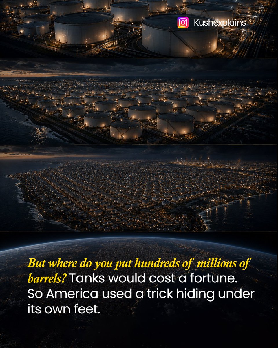 Kushexplains's tweet photo. You would be shocked to know where America hides its emergency oil. 🛢️
Not in giant tanks. Not in guarded warehouses. But deep underground, inside caves carved out of solid salt near the Gulf Coast.
Here's how it works: America pumped water into massive salt domes, dissolved the salt, and hollowed out enormous caves. Then it filled them with crude oil. Salt is the cheapest giant container physics allows, roughly ten times cheaper than steel tanks, and it has a superpower. If a crack forms, the salt heals itself and seals the leak.
At its fullest, this underground vault could hold 714 million barrels. But in early 2026, tension near Iran choked the Strait of Hormuz, one of the world's most important oil passages. Prices jumped, and America did exactly what the reserve was built for. It released 172 million barrels.
The result? The reserve is now emptier than it has been in about 40 years, around 290 million barrels, less than half of what it can hold. And a chunk of what remains may be hard to pump out because the aging caverns need repairs.
An emergency stockpile is priceless. But every time you open it, there is less left for next time. And no one knows when the next emergency comes.
Swipe through the full story, save it, and follow for more. 👇
Where did you think a country stores its emergency oil? 👀

Disclaimer: This content is for educational and informational purposes only and is not financial or investment advice. Figures are based on public data from the US EIA and Department of Energy as of August 2026 and change week to week. Details of the 2026 Strait of Hormuz events and reserve releases are based on public reporting and may be updated over time.
#oil #USA #economy #finance #geopolitics