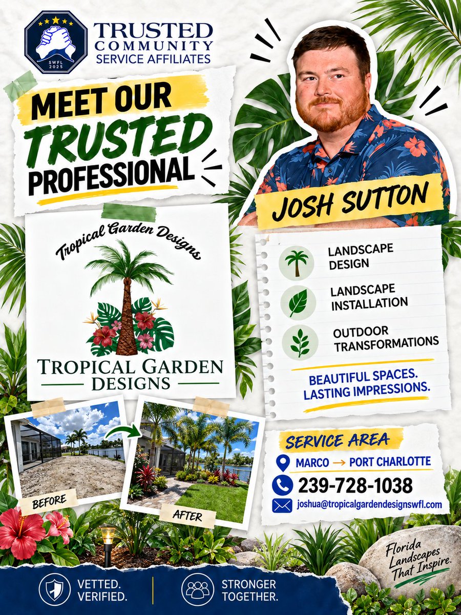 tcsaswfl's tweet photo. TCSA is proud to introduce Josh Sutton of Tropical Garden Designs! 🌿

Josh and his team create beautiful, functional outdoor environments through:

✅ Landscape design
✅ Professional landscape installation
✅ Complete outdoor transformations https://t.co/m4OscurhNg