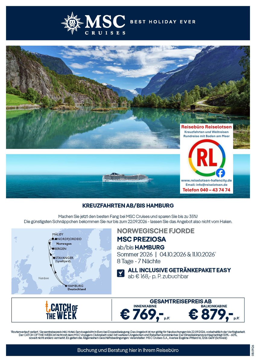 Reiselotsen's tweet photo. Ad🌍Die Welt beginnt in der HafenCity Hamburg
MSC Preziosa ab Hamburg zu den Norwegischen Fjorden
Bergen • Stavanger • Nordfjordeid • Måløy
8 Tage Kreuzfahrt ab 769 €
Reiselotsen cruise &amp; tours e.K. - Partner-Reisebüro von MSC Cruises
📞 040 43 74 74
🌐https://t.co/14bdpH32bo https://t.co/DFRx4Ryzsd