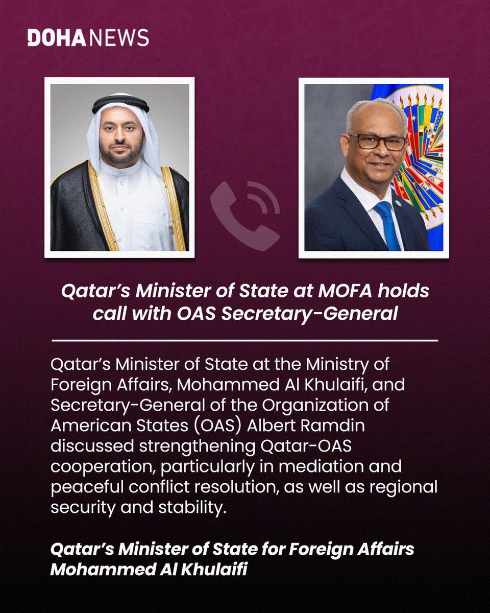 dohanews's tweet photo. #Qatar’s Minister of State at @MofaQatar_EN , @Dr_Al_Khulaifi, held separate phone calls on Wednesday with #Guatemala’s Minister of Foreign Affairs Carlos Ramiro Martínez Alvarado, #Belize’s Minister of Foreign Affairs Francis Fonseca and Organization of American States (#OAS) Secretary-General Albert Ramdin.⁠
⁠
Across the three calls, discussions focused on strengthening bilateral and international cooperation and developments in Latin America.⁠
⁠
In his call with Guatemala, Al Khulaifi highlighted Qatar’s support for diplomatic efforts to promote regional security and stability. Discussions with Belize also covered Qatar’s mediation and peaceful conflict-resolution efforts.⁠
⁠
With the OAS, Al Khulaifi discussed cooperation in mediation and peaceful conflict resolution, as well as the organization’s role in upholding international law and promoting regional security and stability.⁠