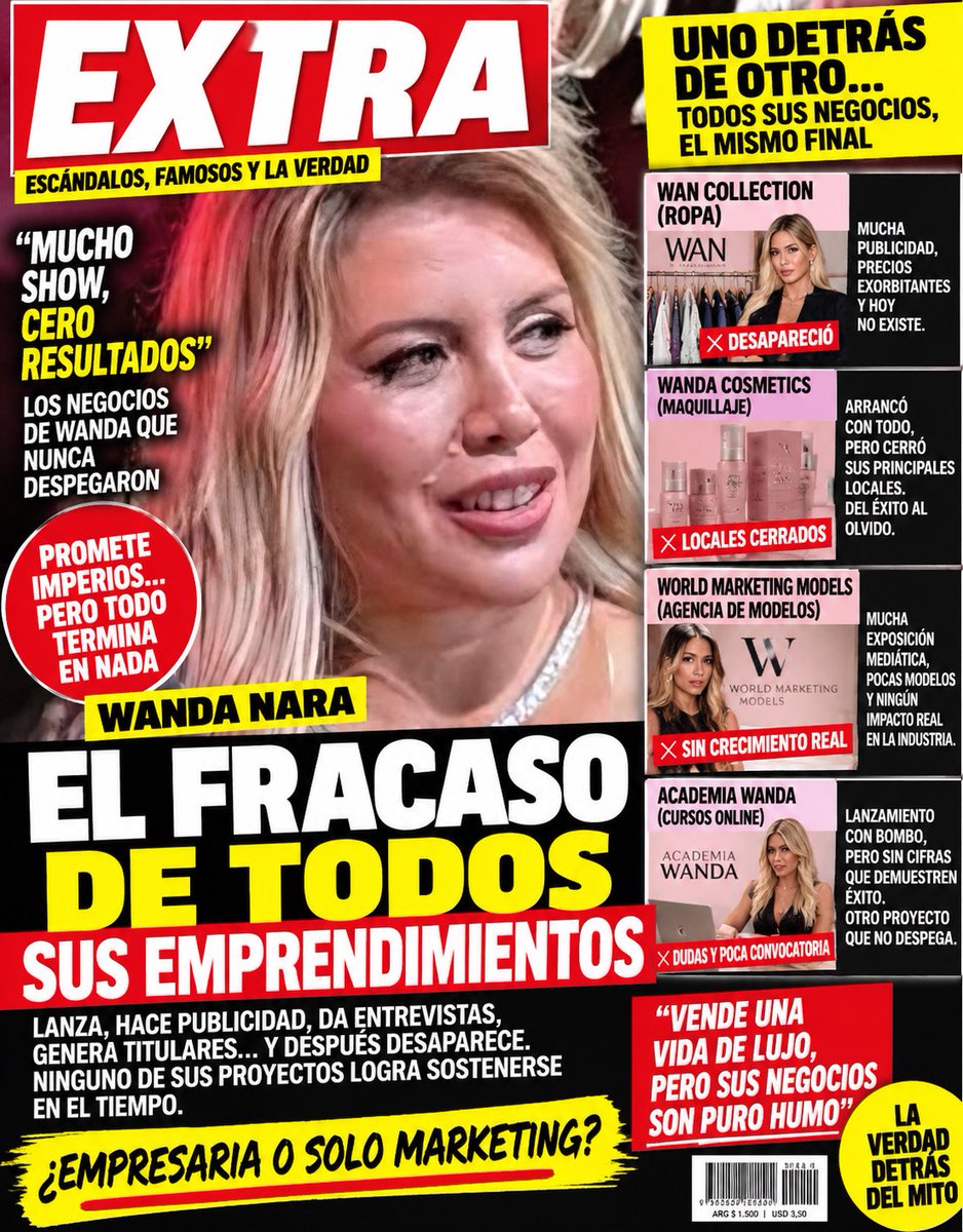 PeteFeInforma's tweet photo. 🚨 EL FRACASO EMPRESARIAL DE WANDA NARA: MUCHO RUIDO, ¿POCOS RESULTADOS?

Wanda anuncia cada emprendimiento como si estuviera construyendo el próximo imperio empresarial: prensa, entrevistas, famosos, historias, titulares y una maquinaria publicitaria enorme por parte del chimenterio Argentino. Después pasa la novedad y empieza la misma pregunta: ¿qué quedó del negocio?

Wan Collection tuvo su momento y perdió protagonismo. Wanda Cosmetics fue presentada como un fenómeno, abrió locales y luego cerró puntos importantes. Después llegaron la agencia de modelos y la Academia Wanda: otra vez el mismo libreto, lanzamiento explosivo y toneladas de publicidad, pero sin números públicos que acrediten ese gigantesco éxito empresarial que se promociona.

Porque cualquiera puede inaugurar un emprendimiento. Lo difícil es mantenerlo, hacerlo crecer, expandirlo y convertirlo en una empresa rentable durante años.

Y ahí está la gran diferencia: Wanda parece mucho más exitosa vendiendo la imagen de empresaria que demostrando públicamente un imperio empresarial sostenible.

Mucho “CEO”, mucho lanzamiento, mucho titular y mucho autobombo. Pero cuando se apagan las cámaras…

¿DÓNDE ESTÁN LAS EMPRESAS EXITOSAS?

Porque un imperio no se construye a fuerza de prensa. Se construye con resultados, permanencia y números.
