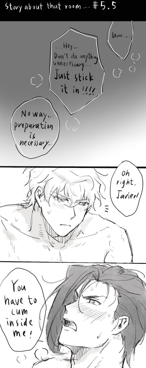 dachura71_o's tweet photo. The story about that room... (5.5) **Extra story**😂😂

Hi remember the room u can't leave without having sex？😂😂
Strongly recommend finishing the main story（#1-7） before reading this side story~~~~

 Javier is gonna crazy😂😂
 #tged
#Javilloyd https://t.co/unbxSfTysa