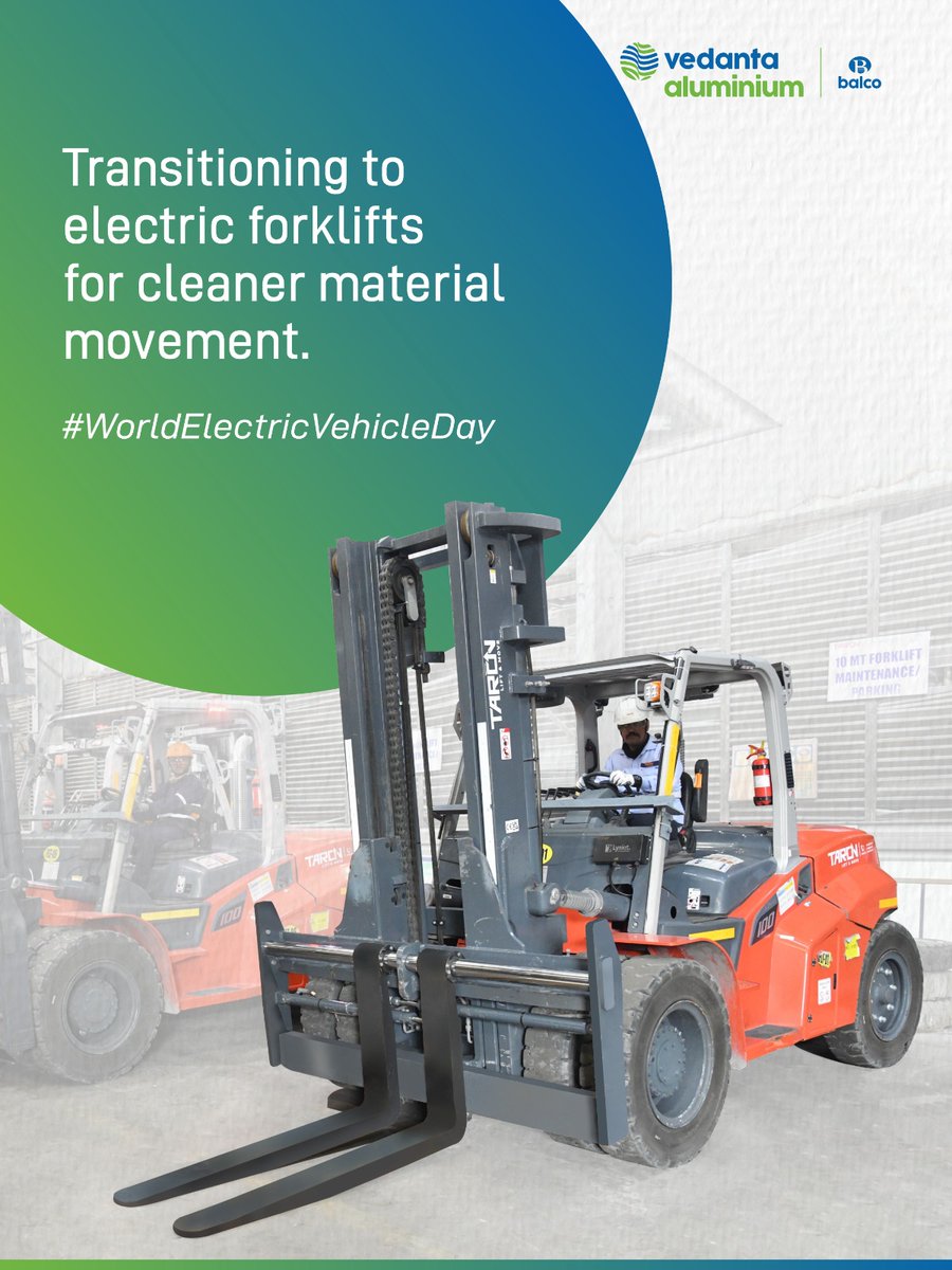 Balco_India's tweet photo. On #WorldElectricVehicleDay, #BALCO reinforces its commitment to a greener transition.
As we transition to electric mobility, BALCO is replacing diesel-powered forklifts with electric forklifts & adopting electric waste collection vehicles.
#VedantaAluminium #MetalOfTheFuture https://t.co/aYe6umkWud