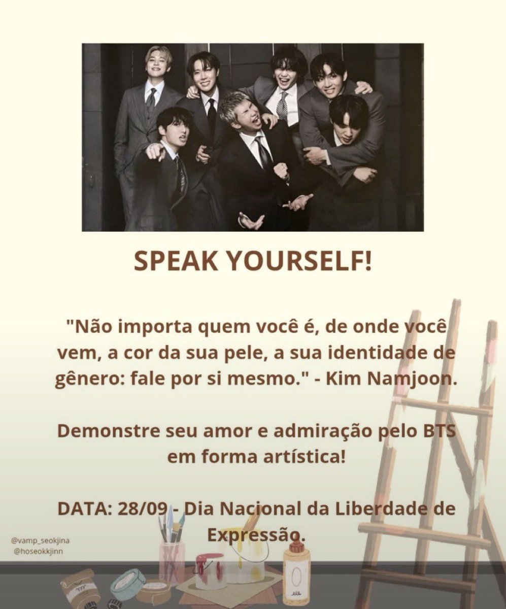 jihopecla's tweet photo. Armys no dia 28 de setembro é Dia Nacional da Liberdade de Expressão e começa a contagem para os shows do BTS no Brasil! E pra celebrar, preparem suas artes inspiradas no BTS e compartilhem seu talento usando a tag #SpeakYourself toda forma de expressão artística será bem-vinda! https://t.co/5Q26l2y7FH