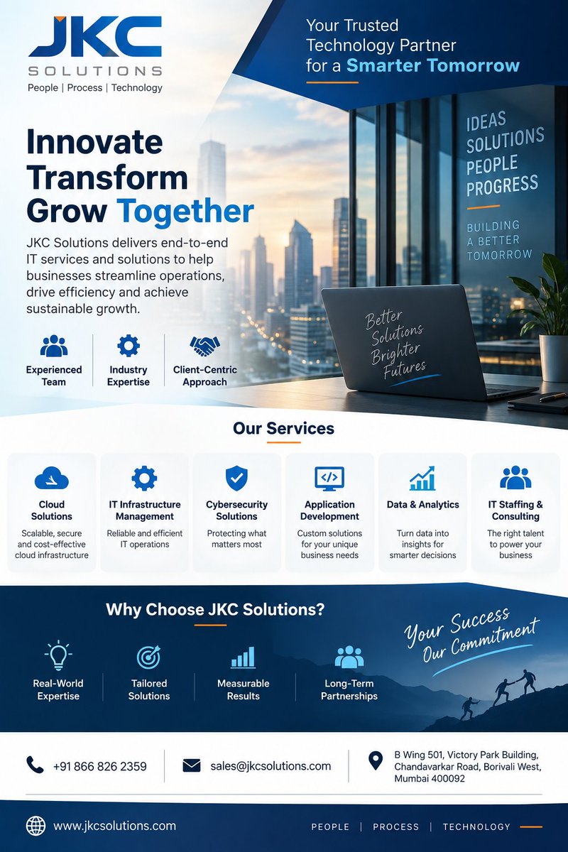 jkcsolution's tweet photo. 🚀 Innovate. Transform. Grow Together.

At JKC Solutions, we deliver technology solutions that help businesses streamline operations, improve efficiency, and achieve sustainable growth.

Let’s build better solutions. Better futures.

#JKCSolutions #ITServices https://t.co/eC9ANhjhhl