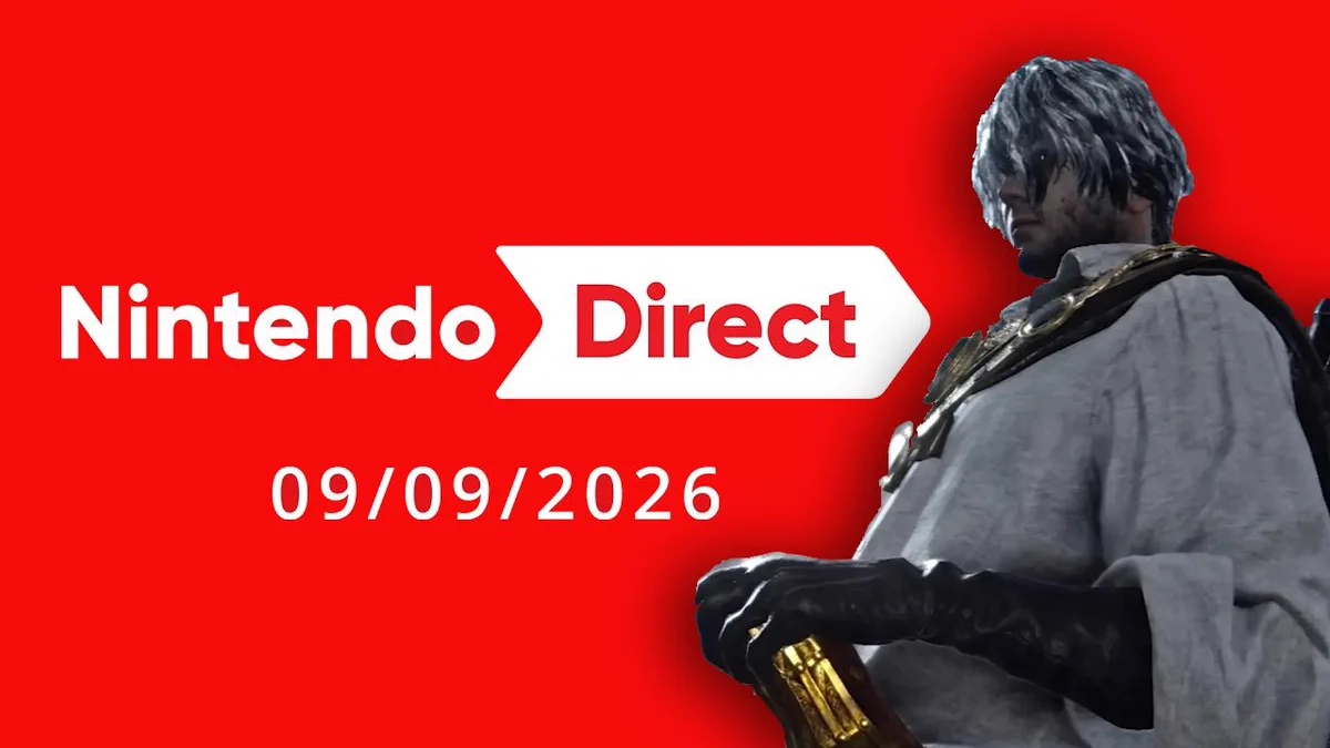 A Nintendo Direct logo on a red background with a flouncy white-shirted, and white-haired, individual standing nearby. It's one of the characters from FromSoftware's The Duskbloods.