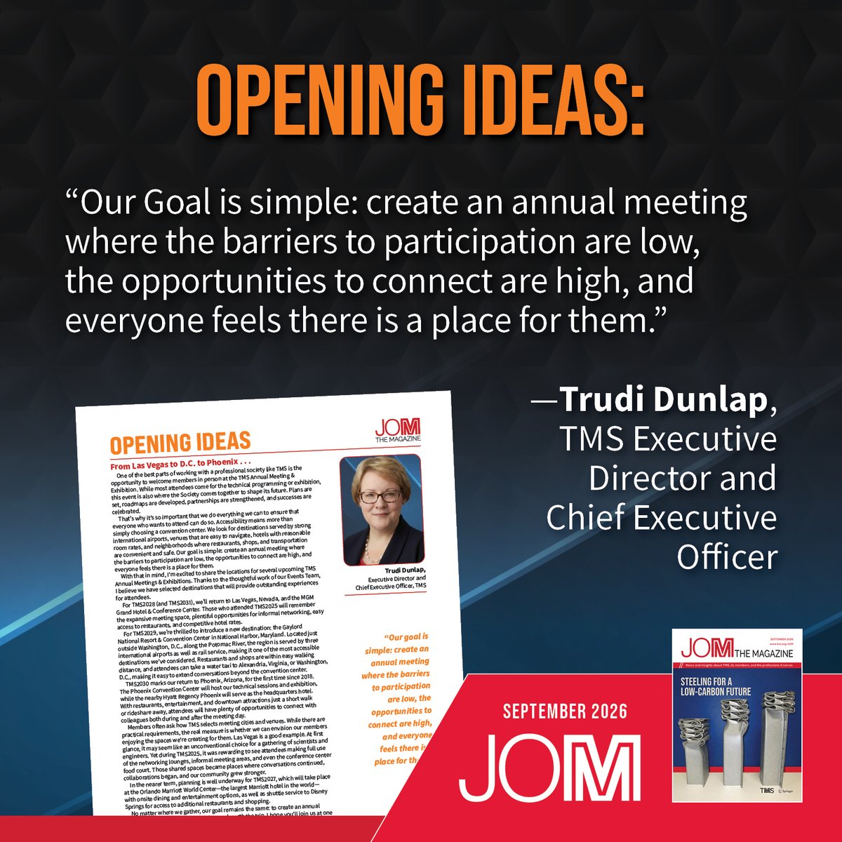 TMSSociety's tweet photo. 📍 From Las Vegas to the Washington, D.C., area to Phoenix, future TMS Annual Meeting & Exhibition destinations are taking shape.

This month's Opening Ideas explores how TMS selects meeting locations, the importance of accessibility and attendee experience, and what members can expect at upcoming #TMSAnnualMeeting locations.

Read the magazine: https://t.co/VPDGhTDZGw