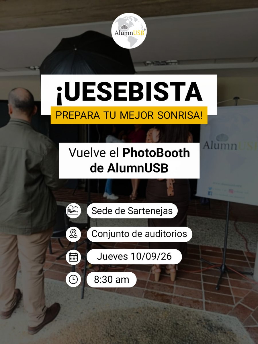 Alumn_USB's tweet photo. ¡A toda la comunidad uesebista! 📸🎓
Sabemos que conseguir una buena foto para completar tu perfil profesional es todo un reto. ¡Por eso te invitamos a nuestro photobooth! 🎁
El jueves 10 de Septiembre a partir de las 8:30 am en el Conjunto de Auditorios en la Sede de Sartenejas https://t.co/kDPtTFaRY4