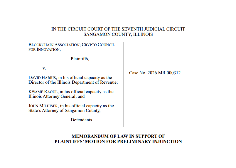 BlockchainAssn's tweet photo. Today, @BlockchainAssn and @Crypto_Council moved for preliminary injunction to block Illinois's Digital Asset Tax Act before it takes effect January 1.

Digital asset businesses are forced to spend millions building systems to try to comply with an unlawful and unclear tax, all under the threat of felony criminal penalties. We are asking the Court to stop this unlawful and unprecedented tax before it's too late.

Read our joint motion:
https://t.co/0mEatAq2HL