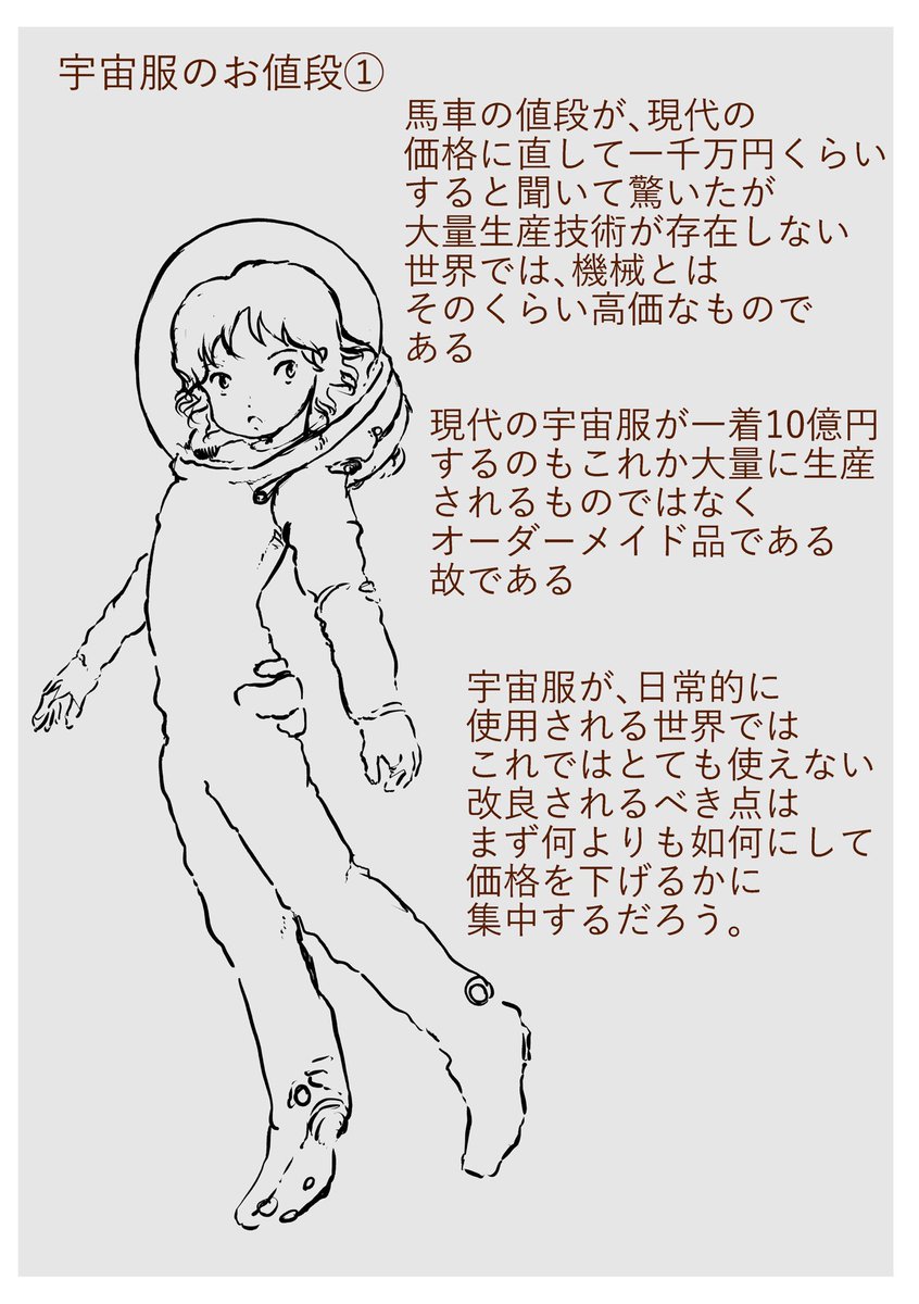 yagi_nagaharu's tweet photo. 宇宙服の値段が一着10億円と聞いて。
量産されない機械の高さよと思うが、実際問題、自動車も量産されないとこの位にはなりそうな。
ただ、信頼性をある程度以下まで下げられない宇宙服より遠隔操縦のロボットの方が安くなりそうな気がする。この辺も描いてみたかったなぁ。 https://t.co/i7csMiTG6I