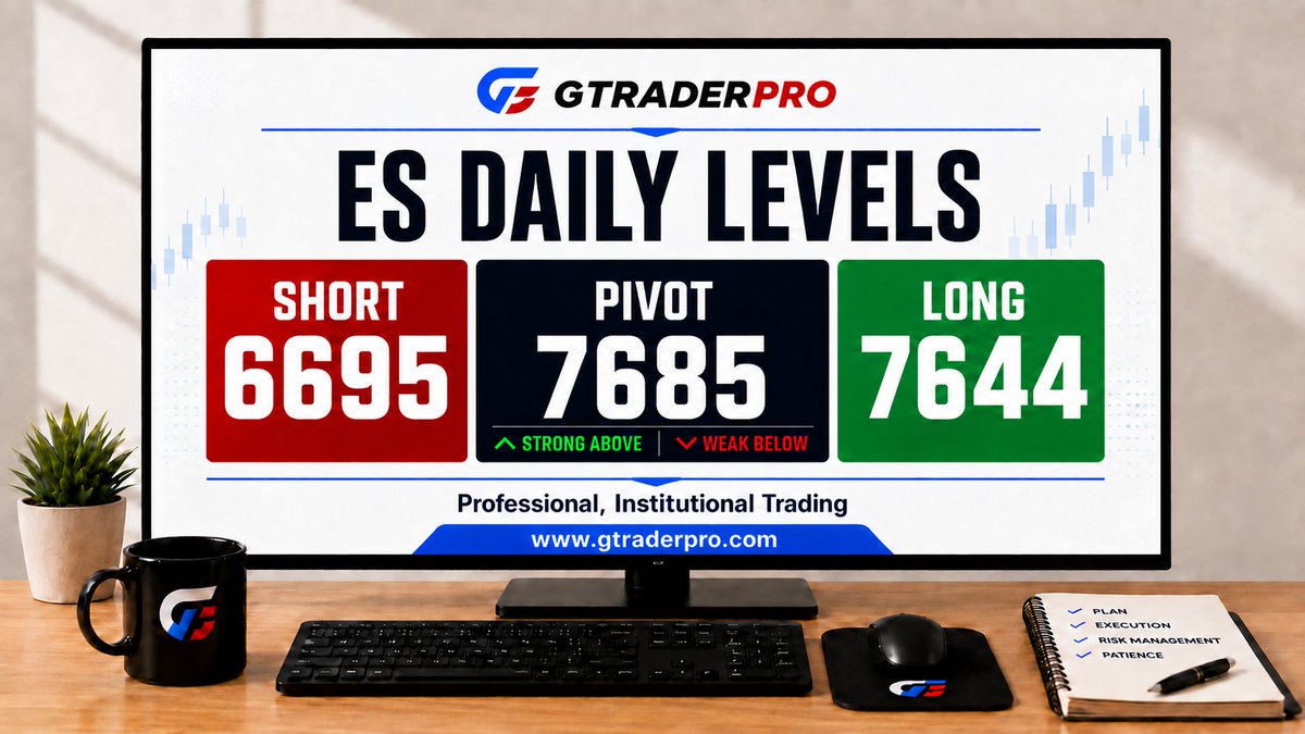 GTraderPR0's tweet photo. 📊 ES Daily Levels

🟢 Long: 7644
🔴 Short: 6695

⚖️ Pivot: 7685
Above pivot = strength
Below pivot = weakness

🔥 Get your FREE week in our Trade Room.

🌐 https://t.co/Ws2Kxyeka4

#ES #FuturesTrading #GTraderPro https://t.co/YzIAreCDV5