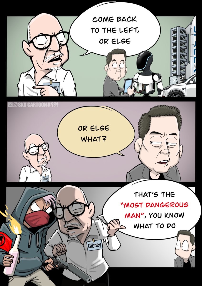 skscartoon's tweet photo. When leftists such as Alex Gibney call Elon Musk “the most dangerous man” and premiere a hit piece on him just two days before the anniversary of Charlie Kirk’s assassination, it’s clearly a dog whistle for violence targeting Musk.
The left has a monopoly on political terrorism, and Gibney knows exactly what he is doing.