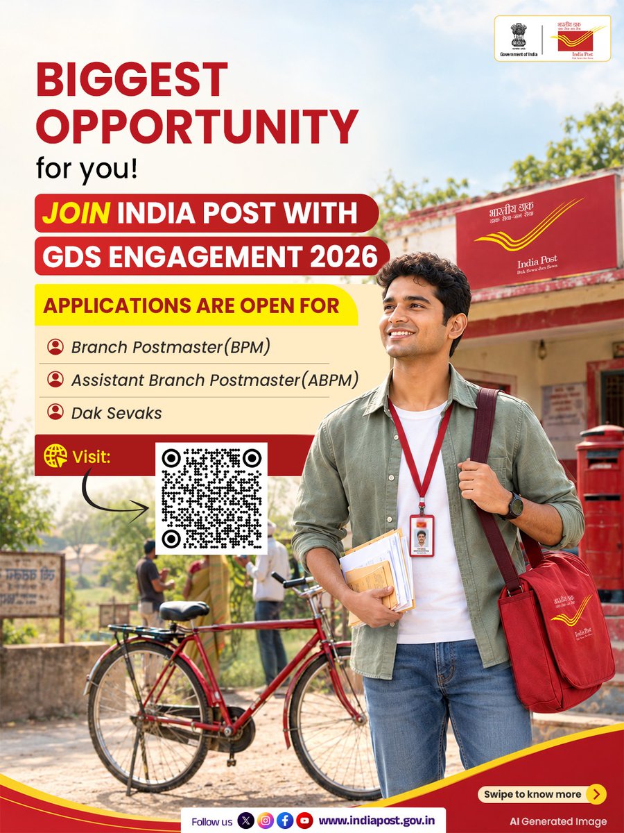 IndiaPostOffice's tweet photo. Gramin Dak Sevak (GDS) Online Engagement Schedule-II, July 2026 is now open for the vacant posts of Branch Postmaster (BPM), Assistant Branch Postmaster (ABPM) and Dak Sevaks. 

Apply now-  https://t.co/Rw6eiFs4jG 

#IndiaPost #GraminDakSevak #GDSRecruitment #DakSewaJanSewa https://t.co/WfUxdm3W0x