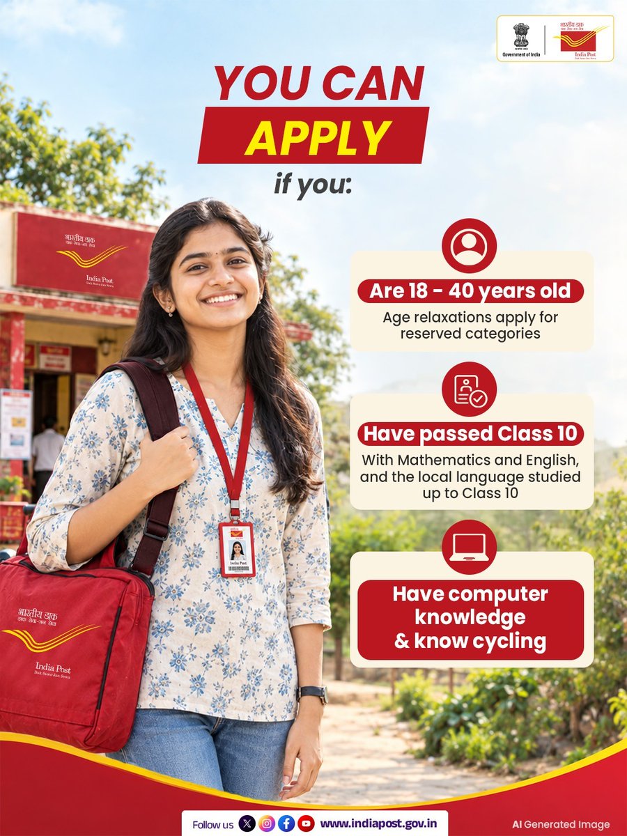 IndiaPostOffice's tweet photo. Gramin Dak Sevak (GDS) Online Engagement Schedule-II, July 2026 is now open for the vacant posts of Branch Postmaster (BPM), Assistant Branch Postmaster (ABPM) and Dak Sevaks. 

Apply now-  https://t.co/Rw6eiFs4jG 

#IndiaPost #GraminDakSevak #GDSRecruitment #DakSewaJanSewa https://t.co/WfUxdm3W0x