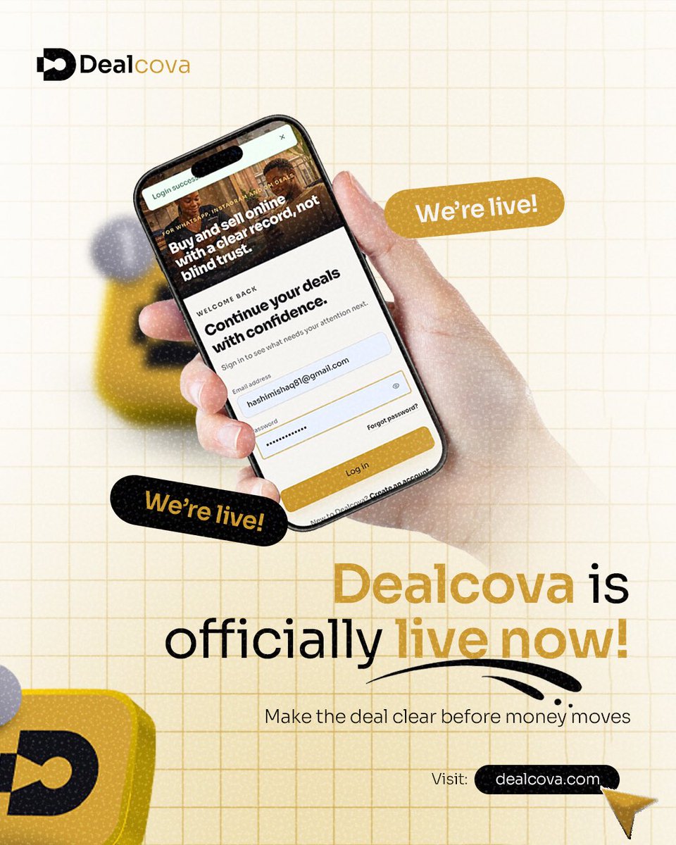 dealcova_com's tweet photo. We’re officially LIVE! 

Safer deals. Clearer transactions. More confidence.

Whether you’re buying online or a small business looking to showcase your products and reach new customers, Dealcova is here to make every deal clearer before money moves.

Visit https://t.co/LMZKyAc4yT https://t.co/XJ9XohIFjJ