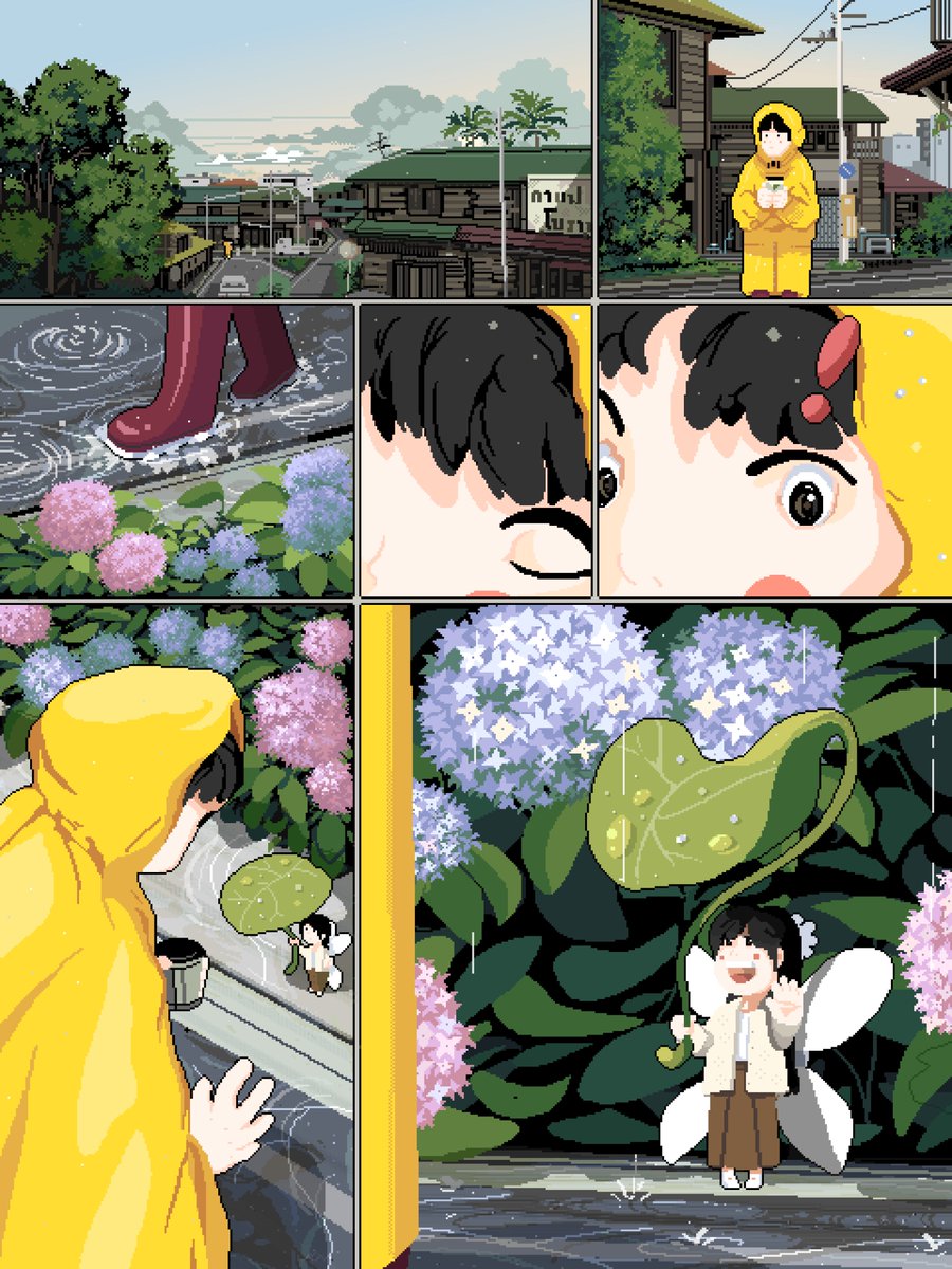 wynnpxl's tweet photo. “ในวันที่ฝนตก⛈️🍵”

– Strolling through the charming old town on a rainy day, I stumbled upon something lovely hiding under the hydrangea bush! ✨☔🧚

hashtags: #pixelart #digitalart #ドット絵 https://t.co/Z6kRHfpabw