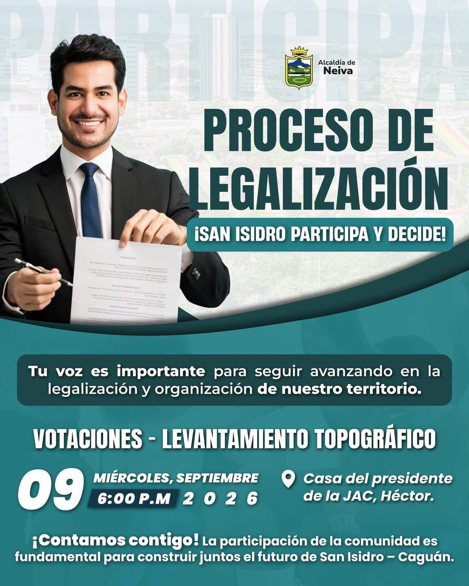 MarkVictoriaT's tweet photo. ¡San Isidro participa y decide! 🫱🏼‍🫲🏽

En el marco del proceso de legalización, invitamos a la comunidad de San Isidro – Caguán a participar en las votaciones para el levantamiento topográfico.

📅 9 de septiembre de 2026�🕕 6:00 p. m.�📌 Casa del presidente de la JAC, Héctor. https://t.co/w5tu8dYht9