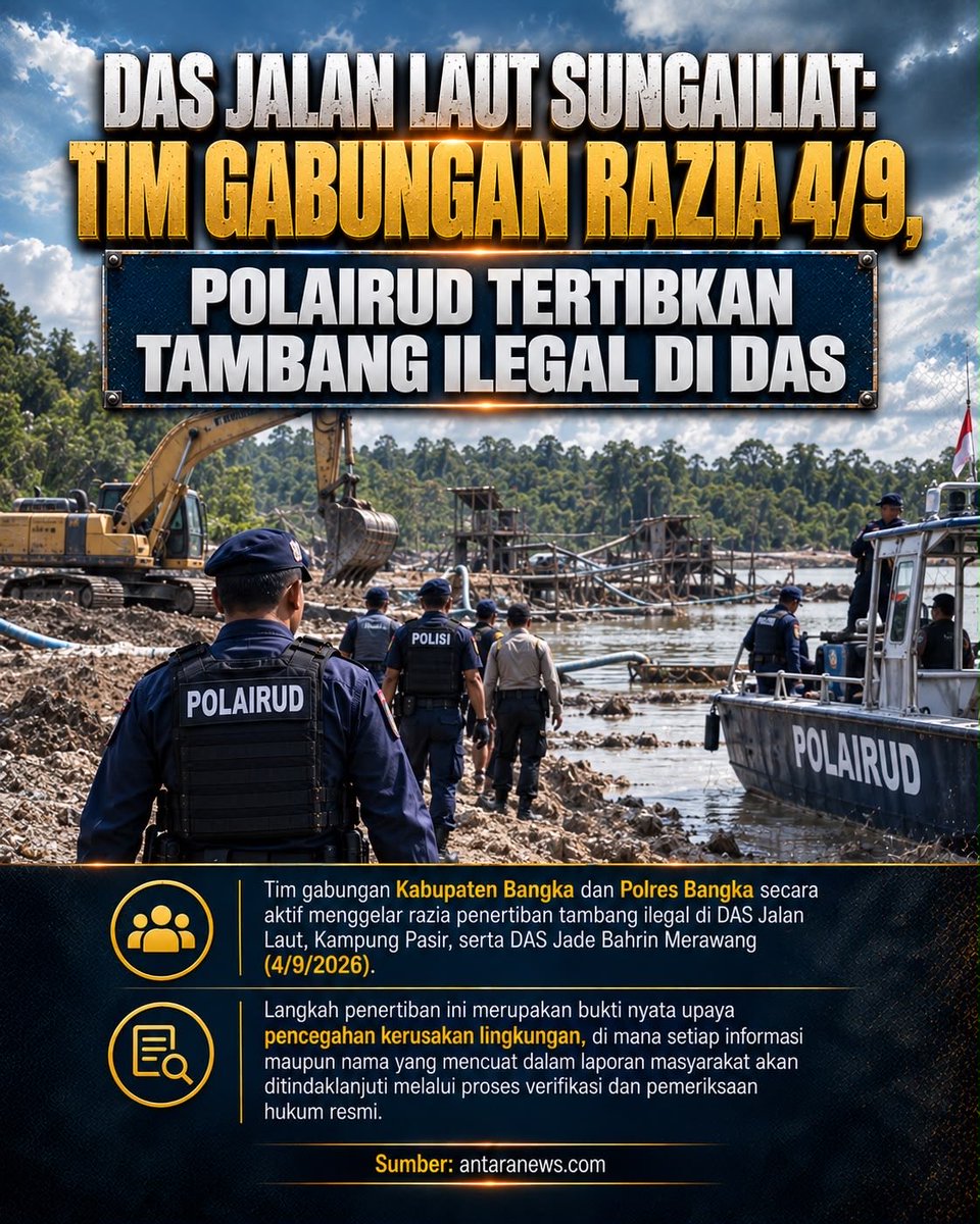 annisaknh's tweet photo. Tim Gabungan Pemkab Bangka, Polres Bangka, &amp; Polairud menggelar razia penertiban tambang ilegal di DAS Jalan Laut, Kampung Pasir, hingga DAS Jade Bahrin Merawang. Langkah nyata cegah kerusakan lingkungan! #bangkabelitung #timah #Polairud #Sungailiat #JagaLingkungan https://t.co/6UYiPgx0nc