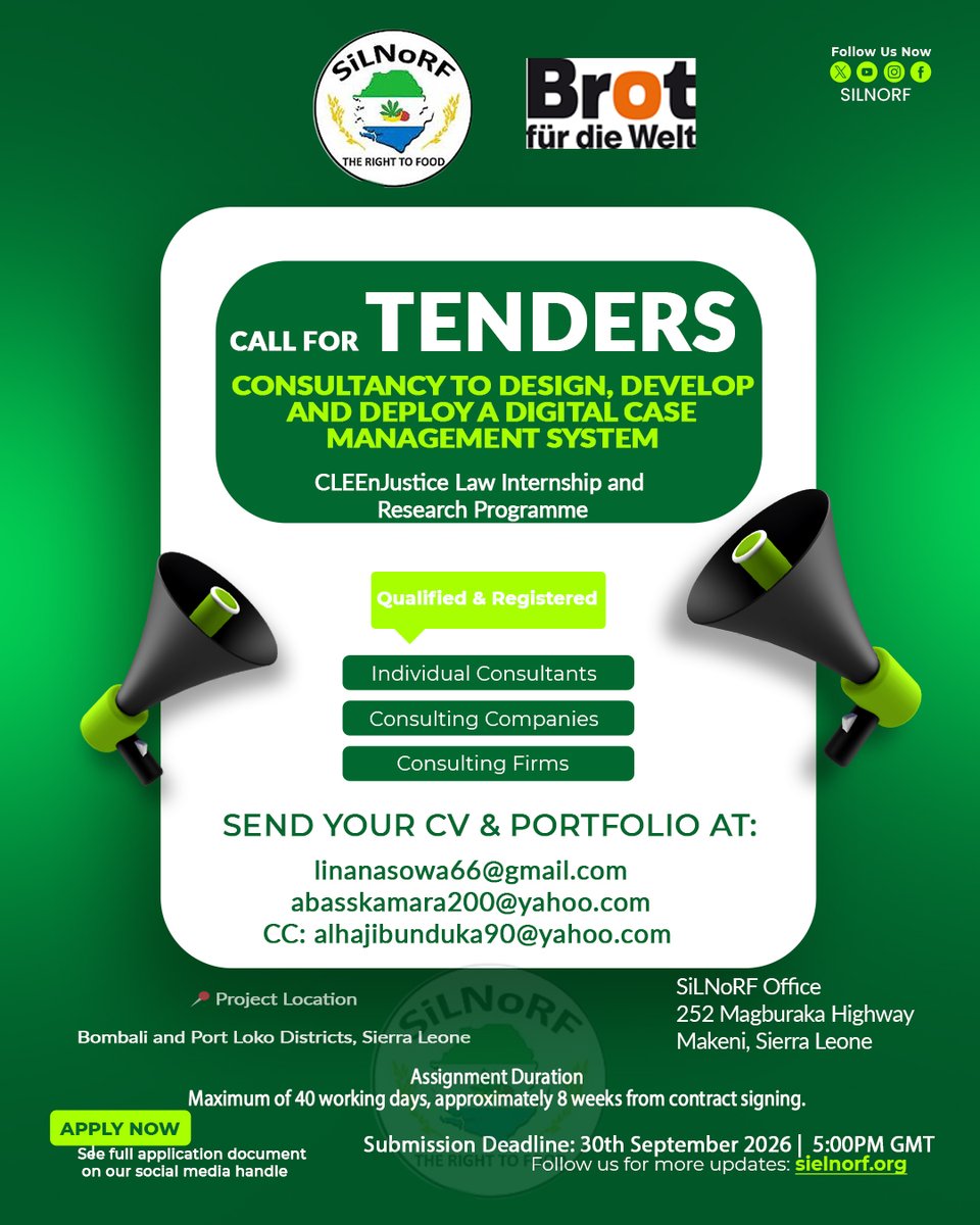 silnorf_'s tweet photo. 📢 Call for Tenders

SiLNoRF invites qualified consultants and firms to design, develop and deploy a secure Digital Case Management System under the CLEEnJustice Programme.

📅 Deadline: 30 Sept. 2026, 5:00 PM GMT

See flyer for full details.

#SiLNoRF #CallForTenders https://t.co/u6GpTpcntZ