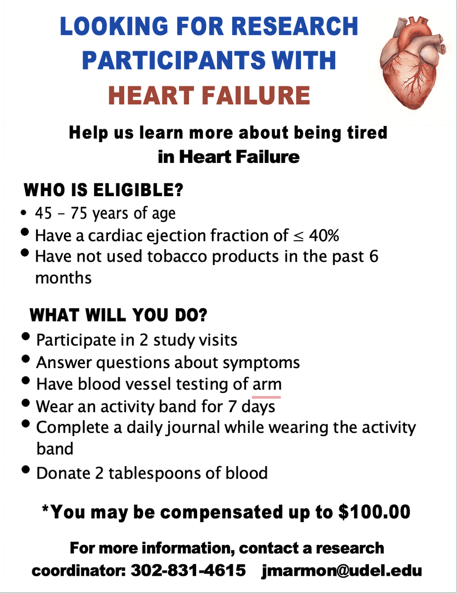 UD_CHRC's tweet photo. Looking for research participants with Heart Failure
Help us learn more about being tired in Heart Failure.
Who is eligible?
~ 45 - 75 years of age
~ Cardiac ejection fraction of ≤ 40%
~ Have not used tobacco products in the past 6 months
Link in the comments! https://t.co/ICz7bl50m3