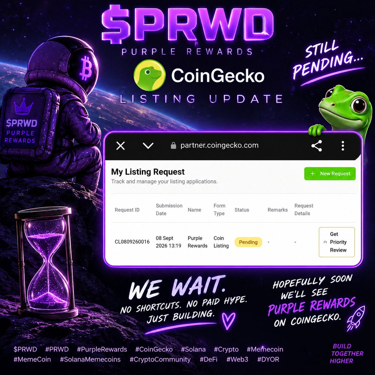 Jardaoo's tweet photo. π£ $PRWD β CoinGecko Update
The listing application is still PENDING. β³π¦
Weβve done our part. Now we wait.
No shortcuts. No paid hype.
Just building. π
Hopefully soon: Purple Rewards on CoinGecko.
@coingecko
@GeckoTerminal
$PRWD #PRWD #PurpleRewards #CoinGecko #Solana #Crypto #Memecoin #DeFi #Web3 #CryptoCommunity #DYOR