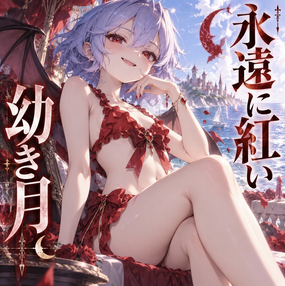 GensouOrchestra's tweet photo. #Touhou #東方 #AIイラスト 
東方紅魔郷 New Classic！！🦇💕
東方紅魔郷リメイク記念イラスト！💕  

水着のレミリアお嬢様！！🥰💕💕

運命を支配してくださいまし！😤💕

スペルカードルールが流行ったのも、お嬢様が霊夢とスペルカードで戦ったからだから！😤😤

全てお嬢様のおかげだ！🥰💕 https://t.co/aSWPhoctQI