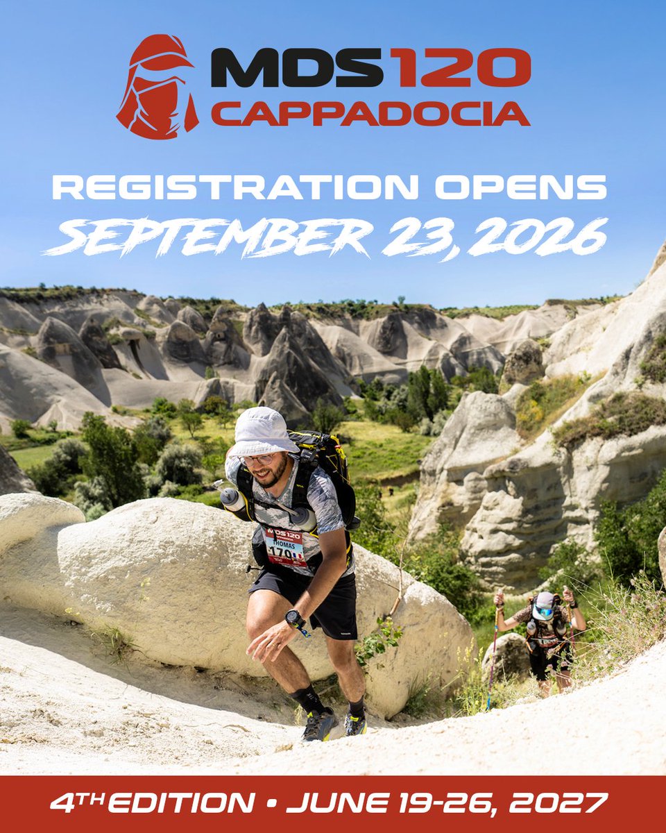 marathonDsables's tweet photo. MDS 120 Cappadocia is back for its 4th edition, June 19–26, 2027.

The only “Marathon des Sables” without sand, through the challenging trails of Love Valley and the wonders of Cappadocia. 

Early birds will get a special offers!

🎟️ Registration opens Sept. 23 at 12 PM (UTC+2). https://t.co/VlANcXdsjS