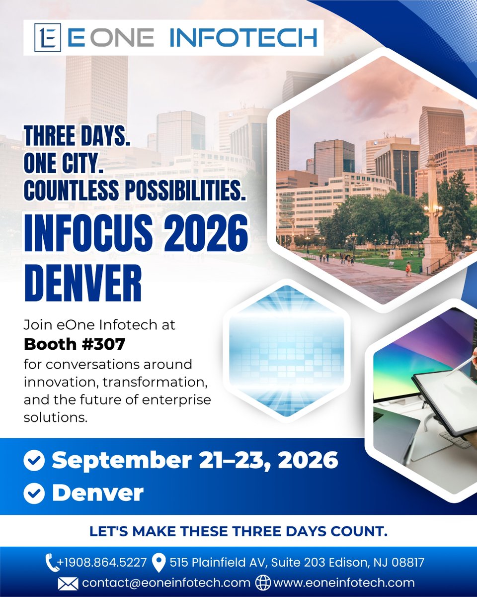EOneInfotech's tweet photo. 🚀 Three days. One city. Countless possibilities! Meet eOne Infotech at INFOCUS 2026 in Denver, Sept. 21–23. Visit Booth #307 for conversations around innovation, transformation &amp; the future of enterprise solutions. 🤝

#INFOCUS2026 #JDEdwards #eOneInfotech #EnterpriseSolutions https://t.co/Y8Du7rj2x5
