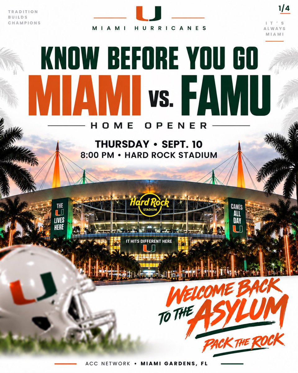UMKat5's tweet photo. WELCOME TO THE ASYLUM. 🏟️

Miami vs. FAMU home opener guide 👇

⏰ Game day timeline
🙌 Hurricane Walk + tailgates
👕 Student giveaway
🚨 Tkachuks on the siren
🎺 New pregame + halftime show

Be in your seat by 7:30. PACK THE ROCK. 🧡💚 https://t.co/M2xFzv1DT0