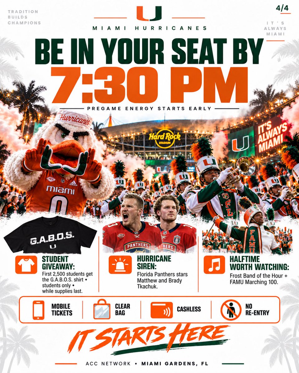 UMKat5's tweet photo. WELCOME TO THE ASYLUM. 🏟️

Miami vs. FAMU home opener guide 👇

⏰ Game day timeline
🙌 Hurricane Walk + tailgates
👕 Student giveaway
🚨 Tkachuks on the siren
🎺 New pregame + halftime show

Be in your seat by 7:30. PACK THE ROCK. 🧡💚 https://t.co/M2xFzv1DT0