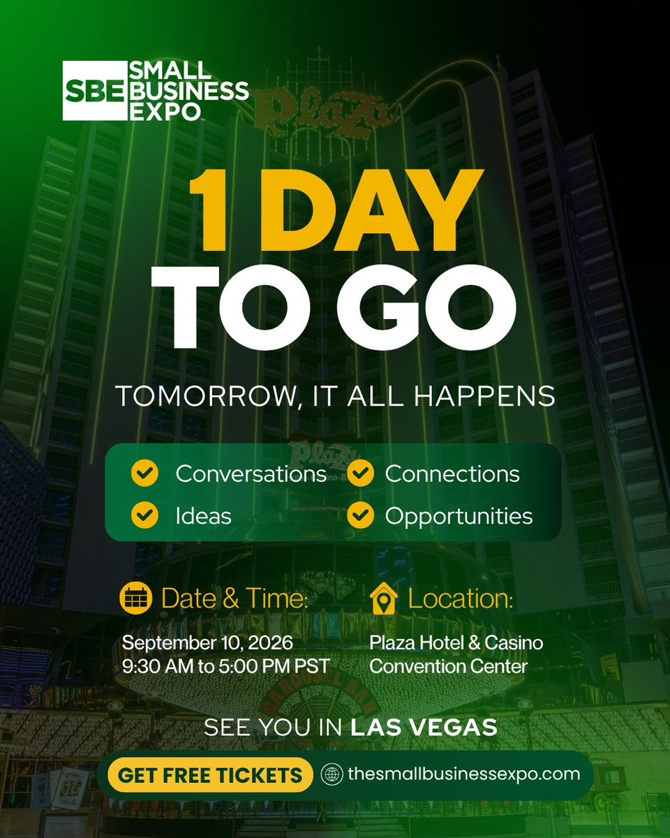 SmallBizExpos's tweet photo. 🚨 TOMORROW, LAS VEGAS! Small Business Expo is just 1 day away. Connections, ideas &amp; new opportunities are waiting.

📅 Sept. 10 | 10 AM–5 PM📍 Plaza Hotel &amp; Casino Convention Center
🎟️ Get your FREE ticket:
 https://t.co/WC5lDYGH4W

#SmallBusinessExpo #LasVegas https://t.co/jjxqNNhe8x