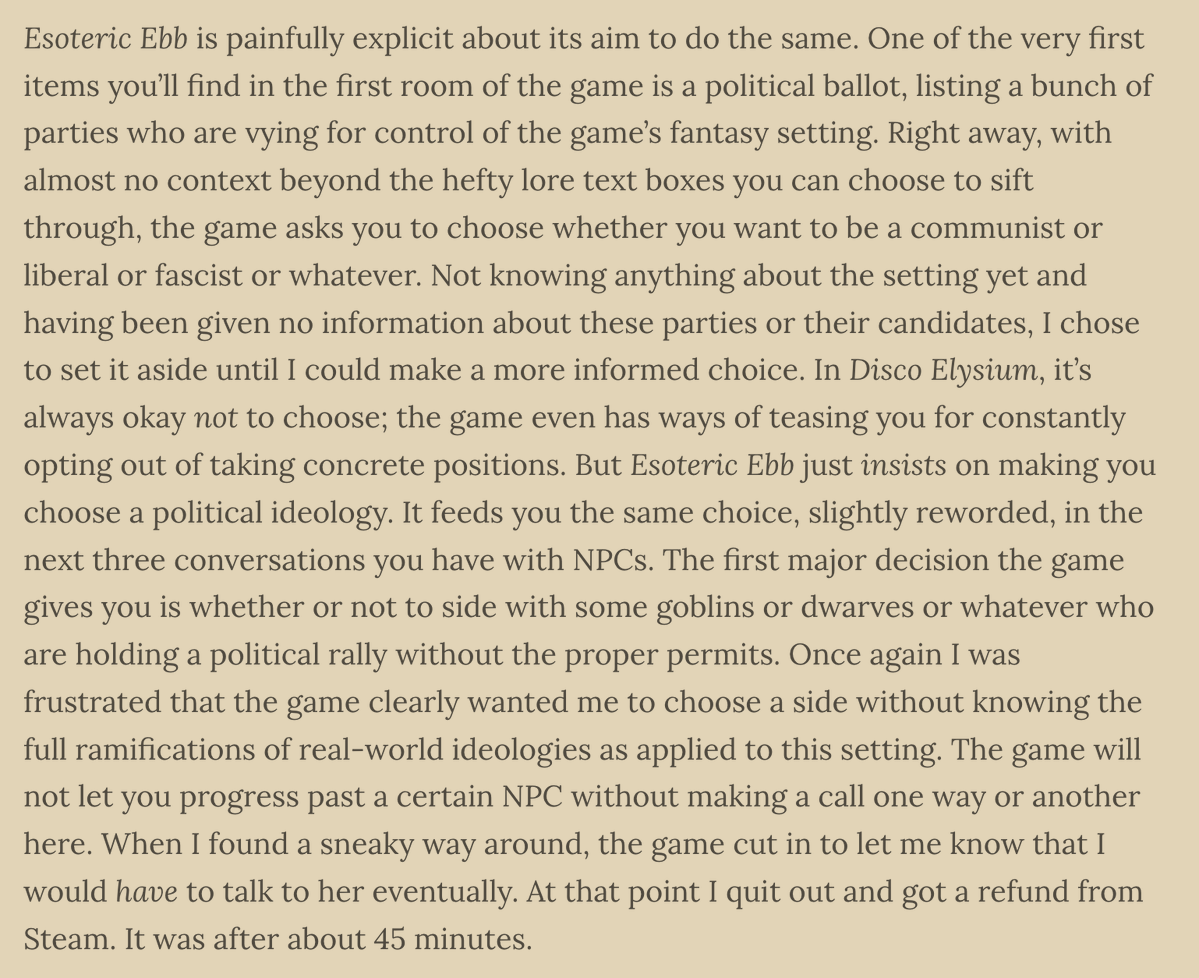 capybaroness's tweet photo. this was my breaking point with Esoteric Ebb, the much-vaunted "Disco Elysium but in D&amp;D" game https://t.co/ODSoIkG9WU