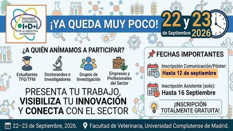 fundacionucm's tweet photo. ¡Ya queda muy poco para el II Congreso de I+D+i en la Industria Alimentaria!

Los próximos 22 y 23 de septiembre se celebra en la facultad de @VeterinariaUCM  el II Congreso de I+D+i en la Industria Alimentaria, un punto de encuentro para compartir conocimiento, experiencias y nuevas oportunidades de colaboración en el sector agroalimentario.

¿A quiénes está dirigido?
✅Estudiantes de TFG y TFM (cursos 2024-2025 y 2025-2026, incluida la convocatoria extraordinaria de septiembre de este último curso)
✅Doctorandos y jóvenes investigadores
✅Investigadores y grupos de investigación
✅Empresas y profesionales del sector agroalimentario

Es una excelente oportunidad para presentar trabajos, dar visibilidad a proyectos de investigación e innovación, compartir resultados y establecer nuevas conexiones entre universidades, centros de investigación y empresa.

📌 Fechas importantes:
🔷Inscripción para presentación de comunicación oral o póster: hasta el 12 de septiembre
🔷Inscripción únicamente como asistente: hasta el 16 de septiembre

💡 ¡La inscripción es completamente #GRATUITA, tanto para la asistencia como para la presentación de comunicaciones orales y pósteres!

📅 22–23 de septiembre de 2026

Presenta tu trabajo 👇
https://t.co/jTygb1kfgu

🔗 Toda la información, programa e inscripciones 👇
https://t.co/P3YQkBTcP9