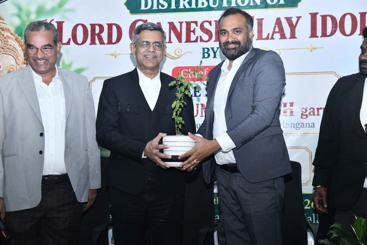 GHMCOnline's tweet photo. 🙏🌿 Eco-Friendly Clay Ganesh Idols Distributed at Telangana High Court

As part of the initiative to promote eco-friendly Ganesh Chaturthi, the Bar Association distributed eco-friendly clay Ganesh idols to its members, with Hon’ble Chief Justice Sri Aparesh Kumar Singh participating in the distribution at the High Court for the State of Telangana. Bar association president and secretary and other , advocates and GHMC Commissioner Sri R.V. Karnan, IAS, were also present on the occasion.

The initiative encourages citizens to choose natural clay idols instead of Plaster of Paris (PoP) and celebrate the festival responsibly while protecting Hyderabad’s environment and water bodies. 🌱💧

The CJI highlighted the importance of collective participation and eco-friendly celebrations, along with sustainable measures for  festivities and proper idol immersion arrangements. The initiative received appreciation and support from the Hon’ble Judges and advocates.

🙏 Choose Matti Ganesha. Celebrate Responsibly. Protect Our Water Bodies.

#MattiGanesha #EcoFriendlyGanesh #GaneshChaturthi #GHMC #SwachhHyderabad

@TelanganaCMO @TelanganaCS @IPRTelangana
@jayesh_ranjan @ZC_Charminar @CommissionrGHMC
@ZC_Khairatabad @ZC_Secunderabad @ZC_Charminar
@ZC_RAJNGR @ZC_Shamshabad @ZcGolconda