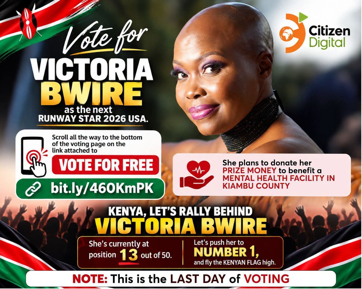 muugafm's tweet photo. Let's help Victoria Bwire bring this top prize home.
VOTE NOW by scrolling to the bottom of the voting page on this link for FREE
https://t.co/mNvouPMQY8
Today is the LAST VOTING DAY.
Victoria will donate all of the prize (KES 2.5 million) to a mental health facility in Kiambu. https://t.co/7yMAju7021