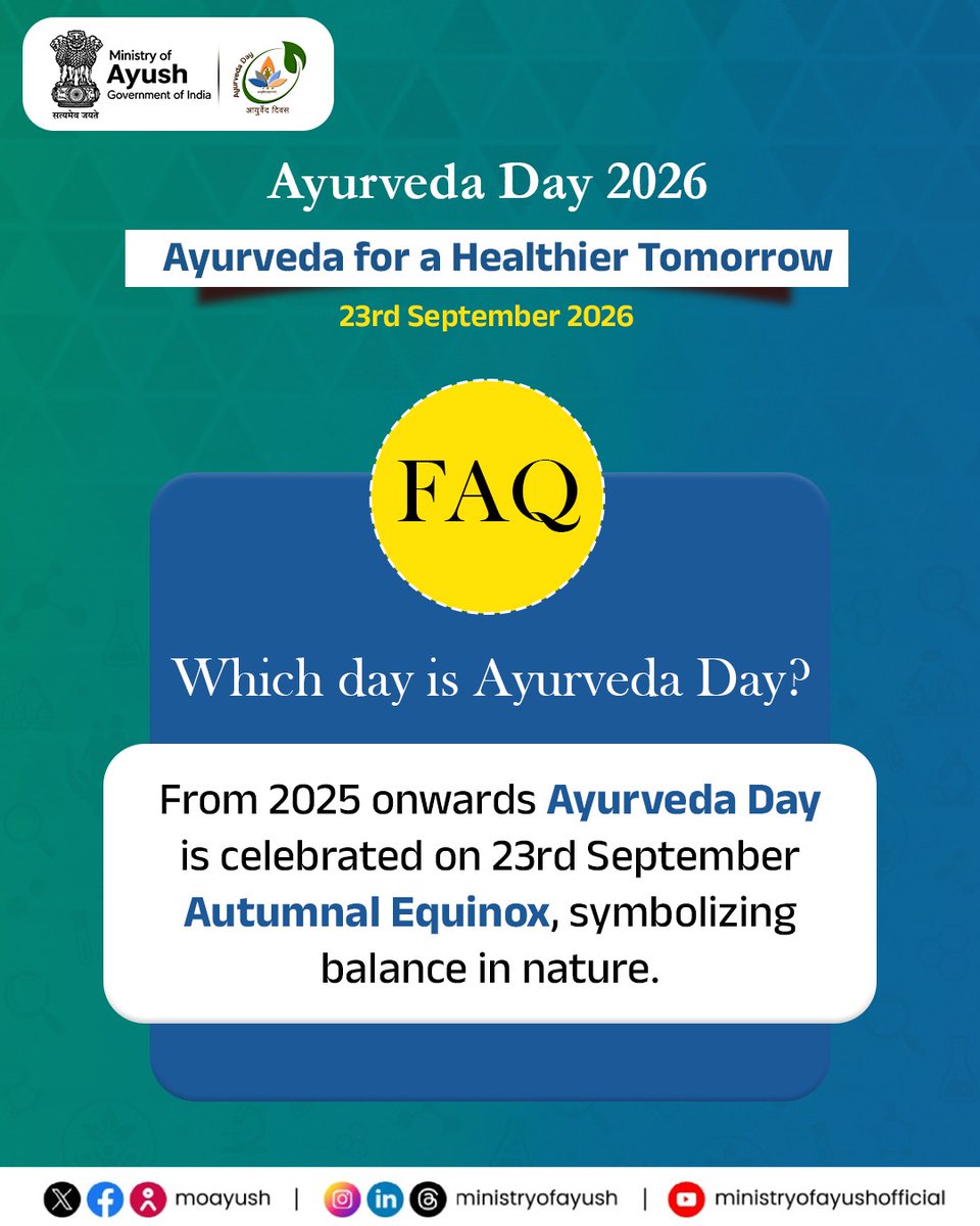 moayush's tweet photo. Ayurveda Day Initiated in 2016 by the Ministry of Ayush, Government of India.

From 2025 onwards Ayurveda Day is celebrated on 23rd September Autumnal Equinox, symbolizing balance in nature.
The day provides an opportunity to recognise the role of Ayurveda and its role in promoting health, well-being and a balanced way of life.

Let us come together to understand, embrace and carry forward the principles of Ayurveda for a healthier tomorrow. 
#AyurvedaDay2026 #Ayurveda #OneHealthOneFuture #AyurvedaForAHealthierTomorrow

@PMOIndia |@narendramodi | @mpprataprao | @secymoayush |@CCRAS_MoAyush|@AIIA_NDelhi |@NIAJaipur |@ItraJamnagar |@PIBIndia
|@PIBAYUSH|@DDNewslive |@sansad_tv | @AIRNewsHindi I @mygovindia |